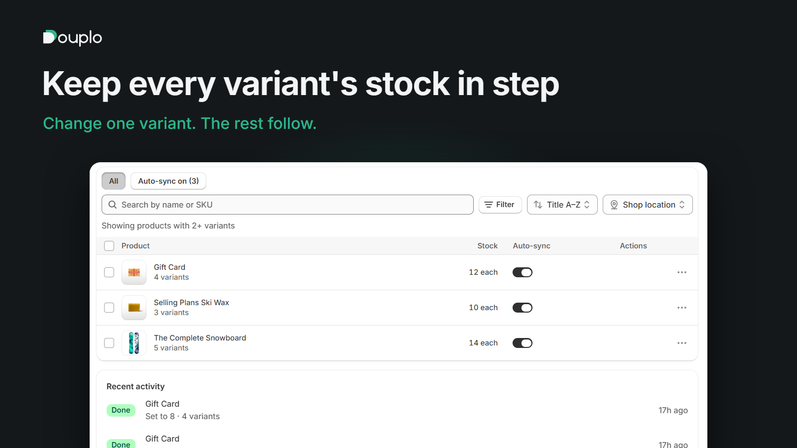 Douplo Products page with auto-sync on for three products and recent sync activity