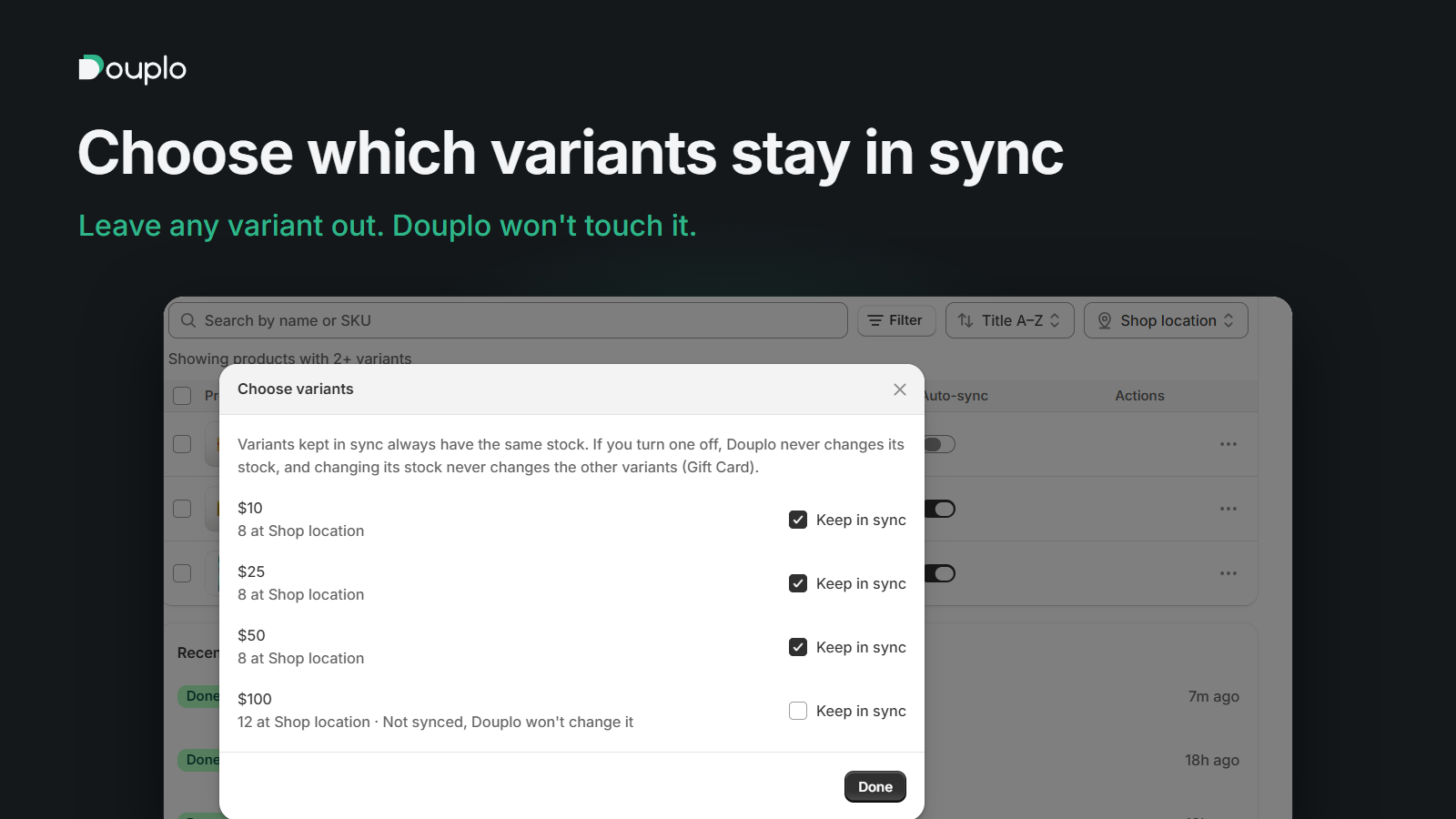 Choose variants dialog listing four variants with a Keep in sync checkbox for each