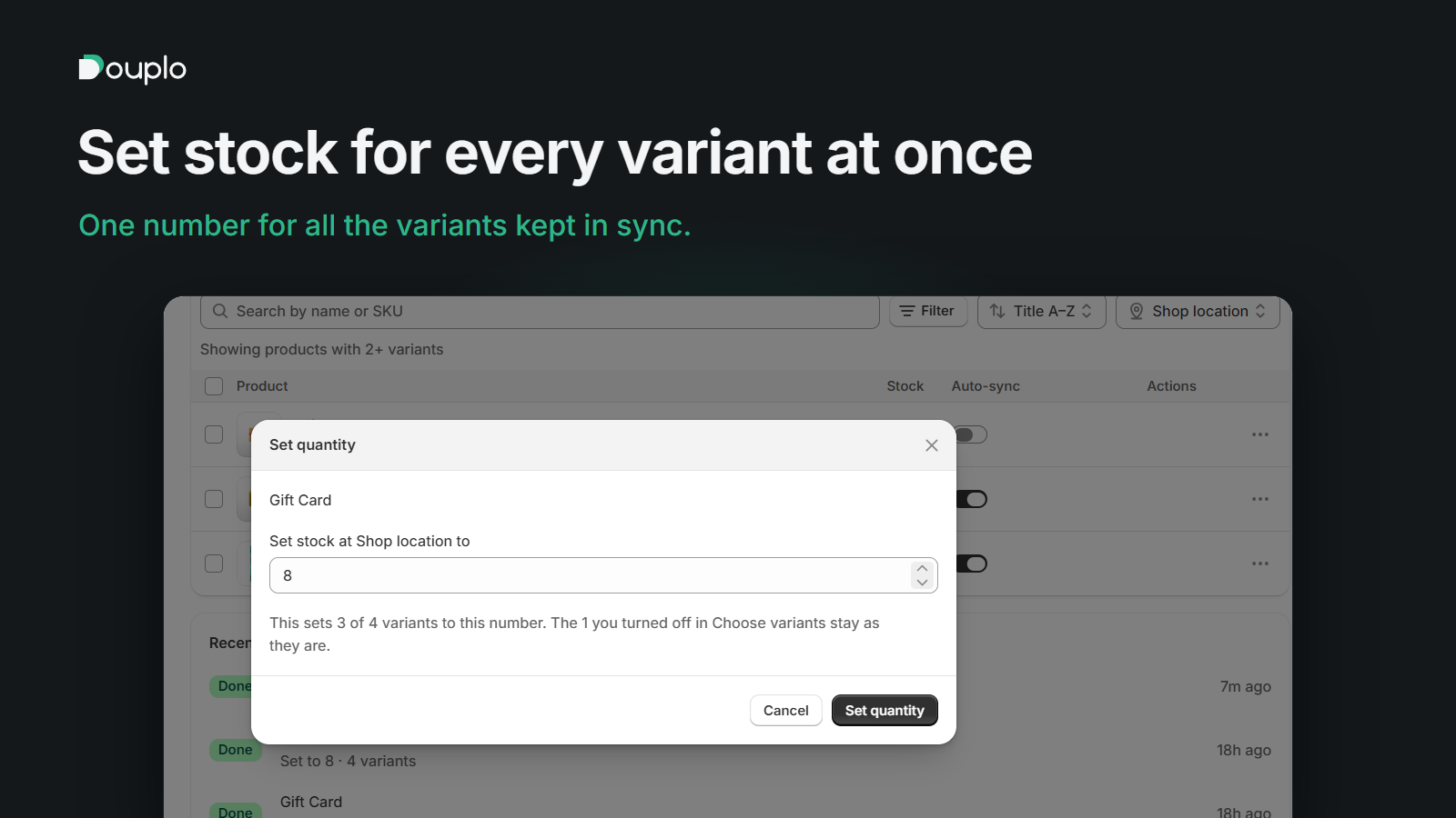 Set quantity dialog explaining how many variants will be set to the chosen number